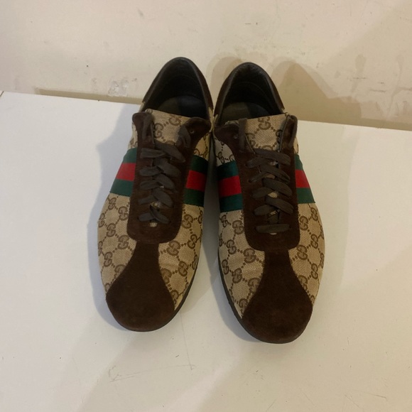 Gucci Brown/Beige Suede And GG Canvas men shoes Sneakers Sz G 10 US 11 - Picture 12 of 15